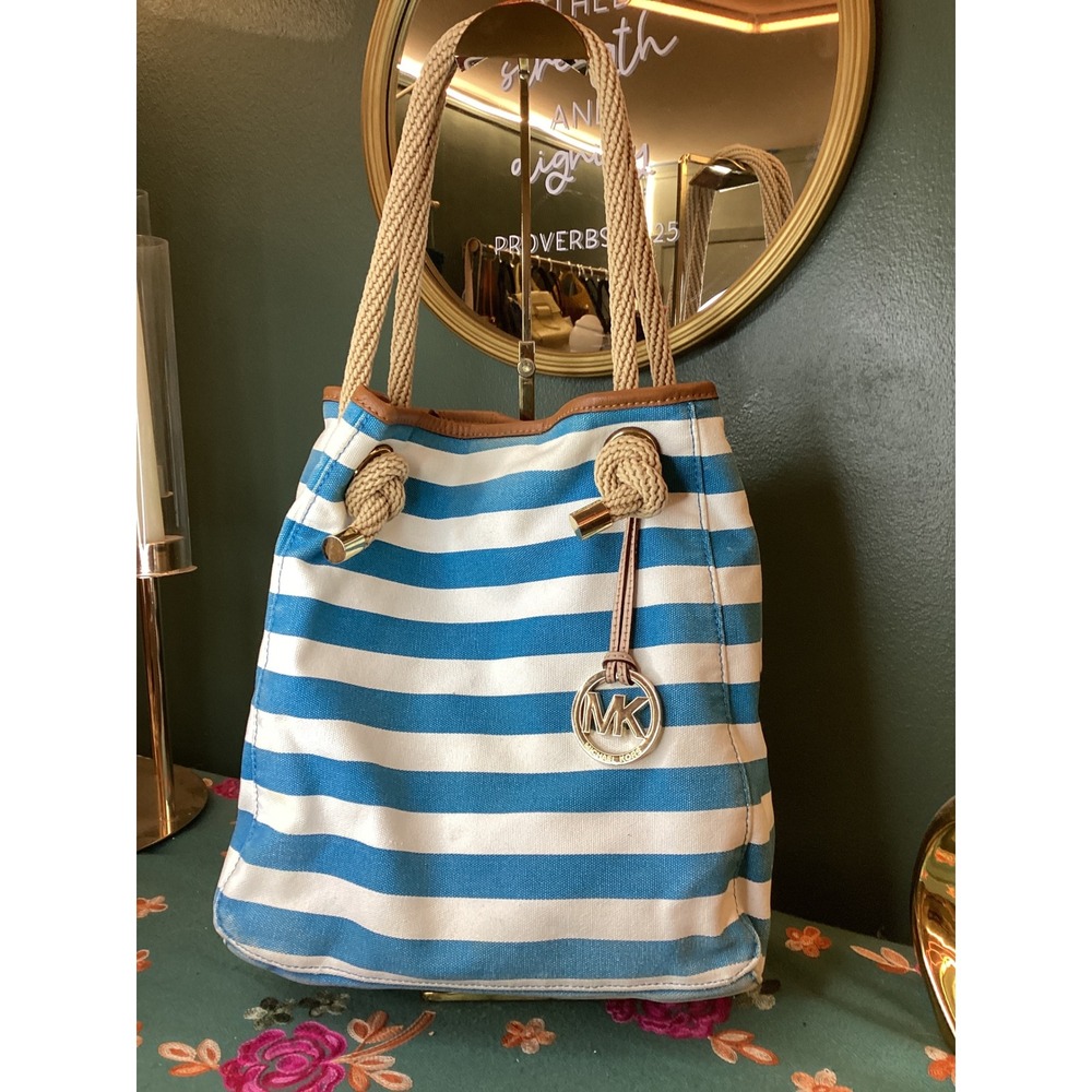Michael Kors Canvas Tote Medium Blue White‎ Striped Nautical Rope Handle